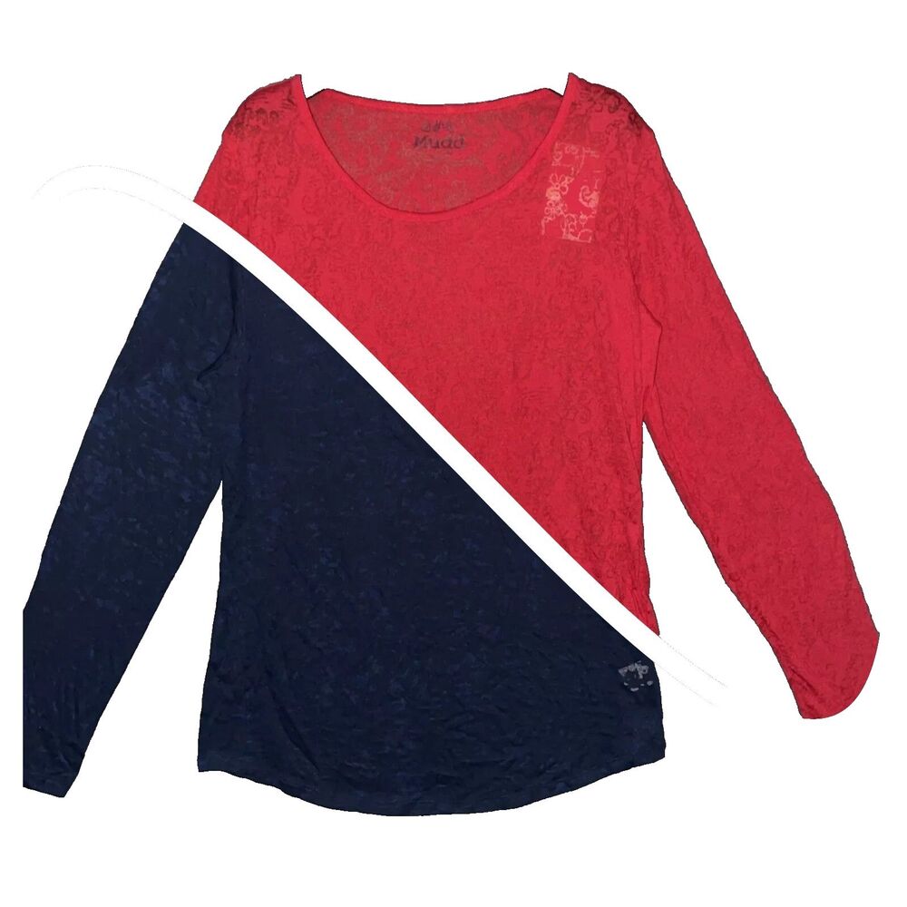 Mudd Juniors XL Blue Red Waffle Knit Burnout T-Shirt Lot 2 Long Sleeve Tactile